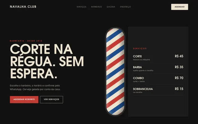 Projeto demonstrativo de site para barbearia, com a marca fictícia Navalha Club, na tela do computador