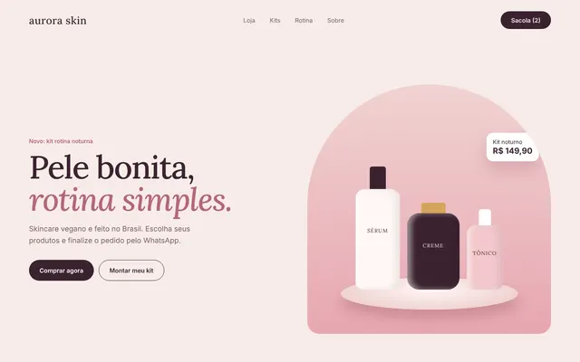 Projeto demonstrativo de site para loja, com a marca fictícia Aurora Skin, na tela do computador
