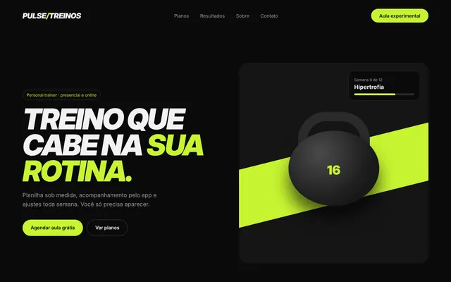 Projeto demonstrativo de site para personal trainer, com a marca fictícia Pulse Treinos, na tela do computador